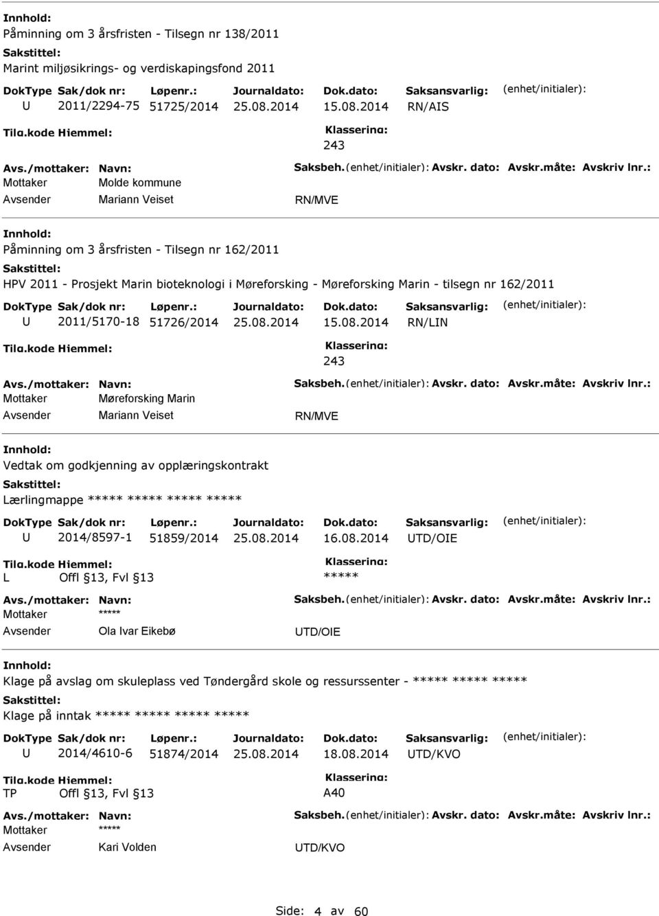 2011/5170-18 51726/2014 RN/LN 243 Avs./mottaker: Navn: Saksbeh. Avskr. dato: Avskr.måte: Avskriv lnr.