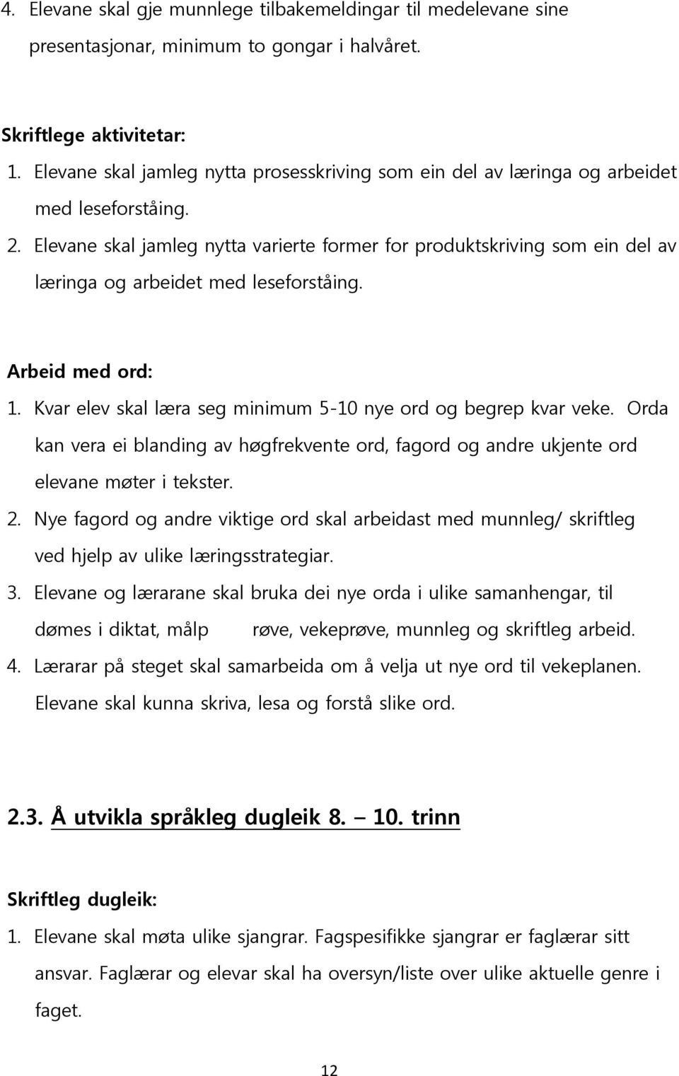 Elevane skal jamleg nytta varierte former for produktskriving som ein del av læringa og arbeidet med leseforståing. Arbeid med ord: 1. Kvar elev skal læra seg minimum 5-10 nye ord og begrep kvar veke.