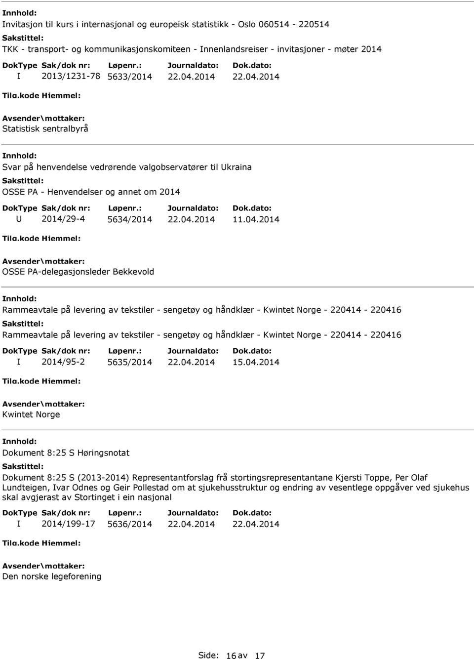 2014 OSSE PA-delegasjonsleder Bekkevold Rammeavtale på levering av tekstiler - sengetøy og håndklær - Kwintet Norge - 220414-220416 Rammeavtale på levering av tekstiler - sengetøy og håndklær -