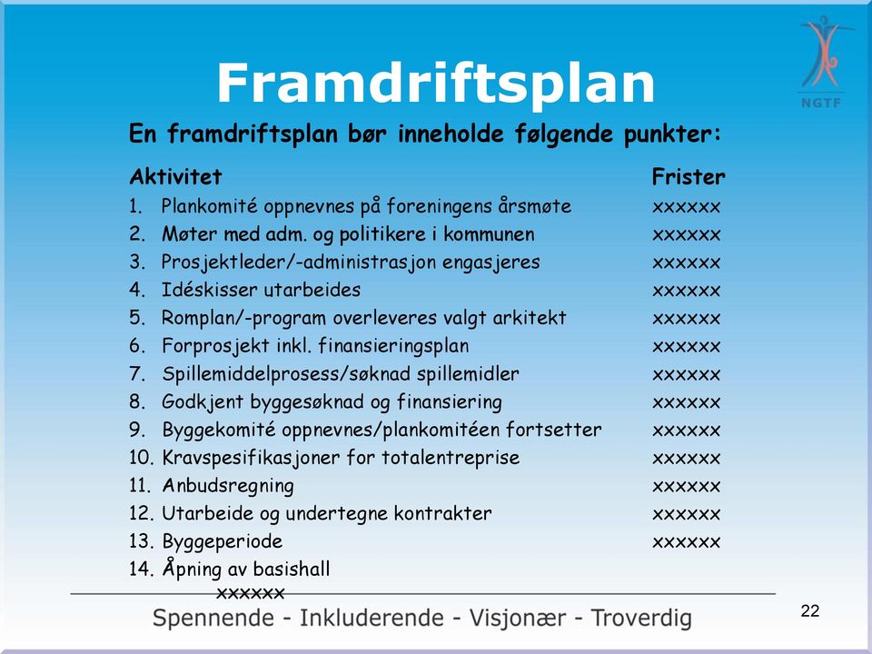 Forprosjekt inkl. finansieringsplan xxxxxx 7. Spillemiddelprosess/søknad spillemidler xxxxxx 8. Godkjent byggesøknad og finansiering xxxxxx 9.