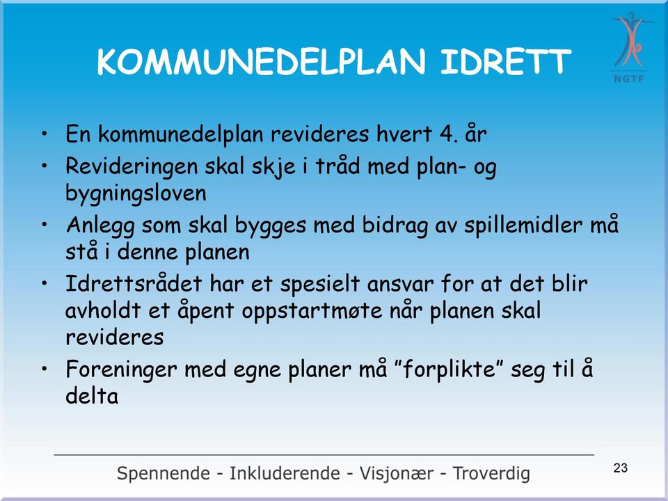 bidrag av spillemidler må stå i denne planen Idrettsrådet har et spesielt ansvar for at