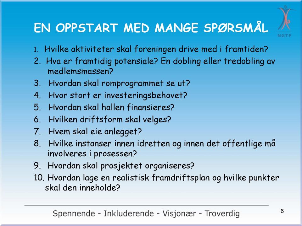 Hvordan skal hallen finansieres? 6. Hvilken driftsform skal velges? 7. Hvem skal eie anlegget? 8.