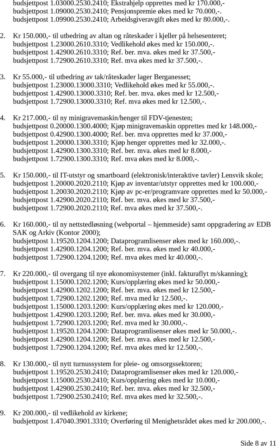 mva. økes med kr 37.500,- budsjettpost 1.72900.2610.3310; Ref. mva økes med kr 37.500,-. 3. Kr 55.000,- til utbedring av tak/råteskader lager Berganesset; budsjettpost 1.23000.13000.