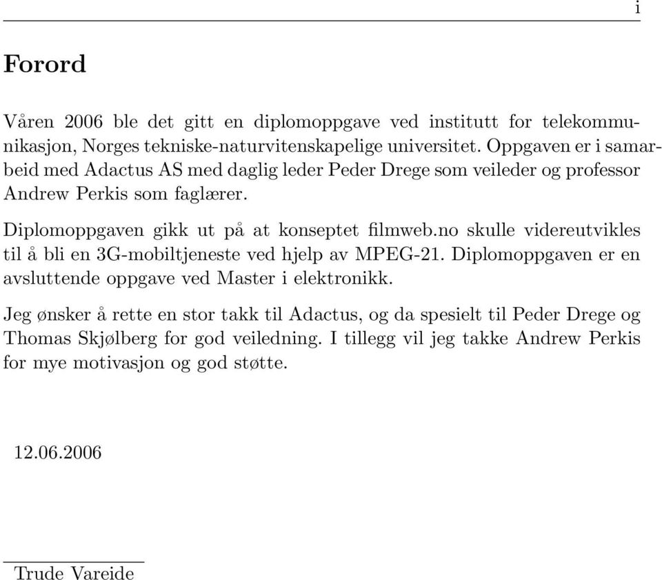 Diplomoppgaven gikk ut på at konseptet filmweb.no skulle videreutvikles til å bli en 3G-mobiltjeneste ved hjelp av MPEG-21.