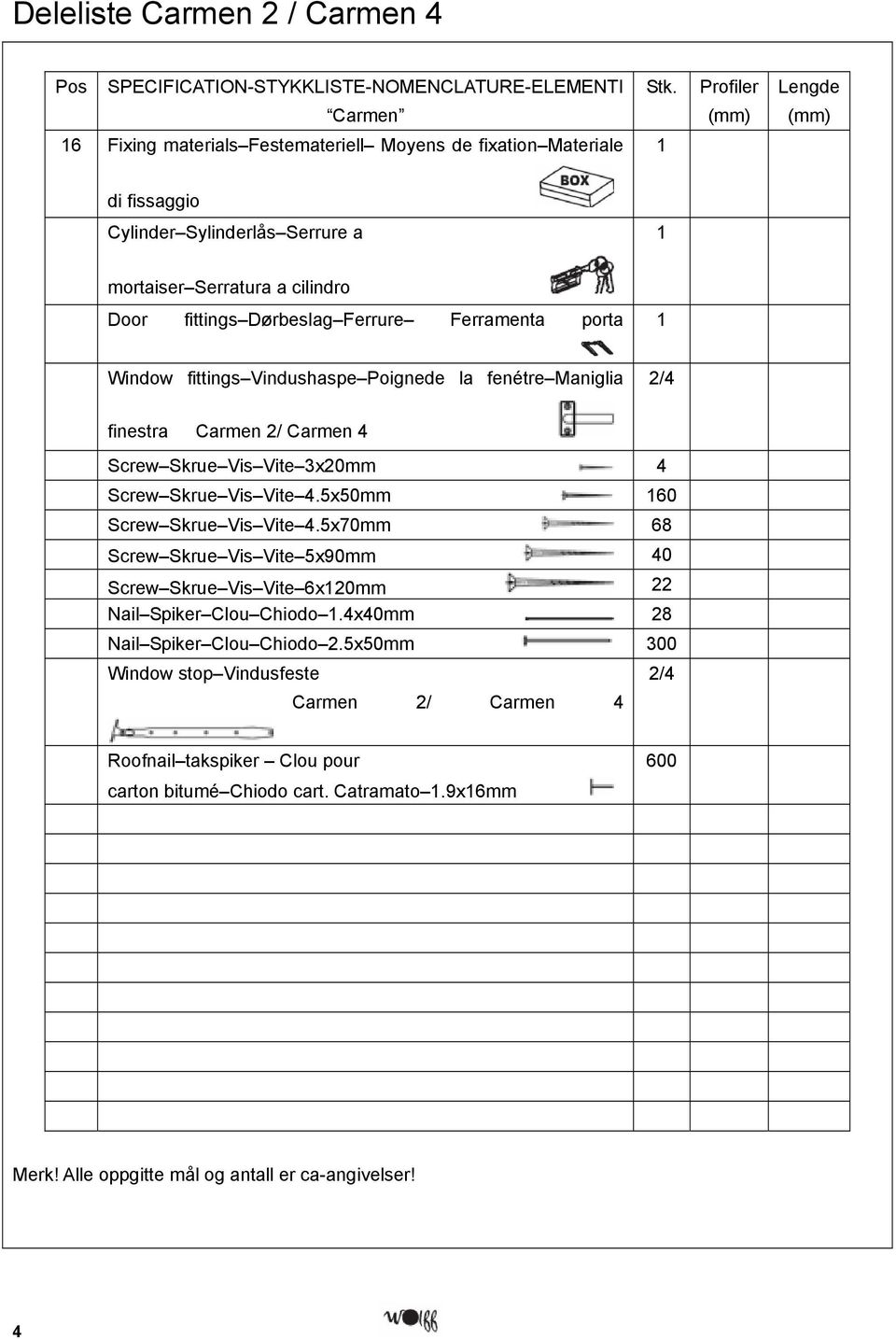 Ferrure Ferramenta porta 1 Window fittings Vindushaspe Poignede la fenétre Maniglia /4 finestra Carmen / Carmen 4 Screw Skrue Vis Vite 3x0mm 4 Screw Skrue Vis Vite 4.5x50mm 160 Screw Skrue Vis Vite 4.