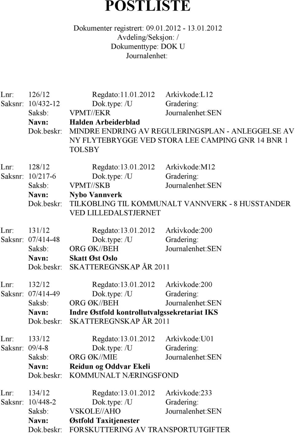 2012 Arkivkode:M12 Saksnr: 10/217-6 Dok.type: /U Gradering: Saksb: VPMT//SKB SEN Nybo Vannverk TILKOBLING TIL KOMMUNALT VANNVERK - 8 HUSSTANDER VED LILLEDALSTJERNET Lnr: 131/12 Regdato:13.01.2012 Arkivkode:200 Saksnr: 07/414-48 Dok.