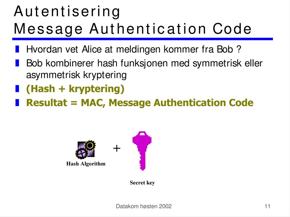 ] Bob kombinerer hash funksjonen med symmetrisk eller asymmetrisk