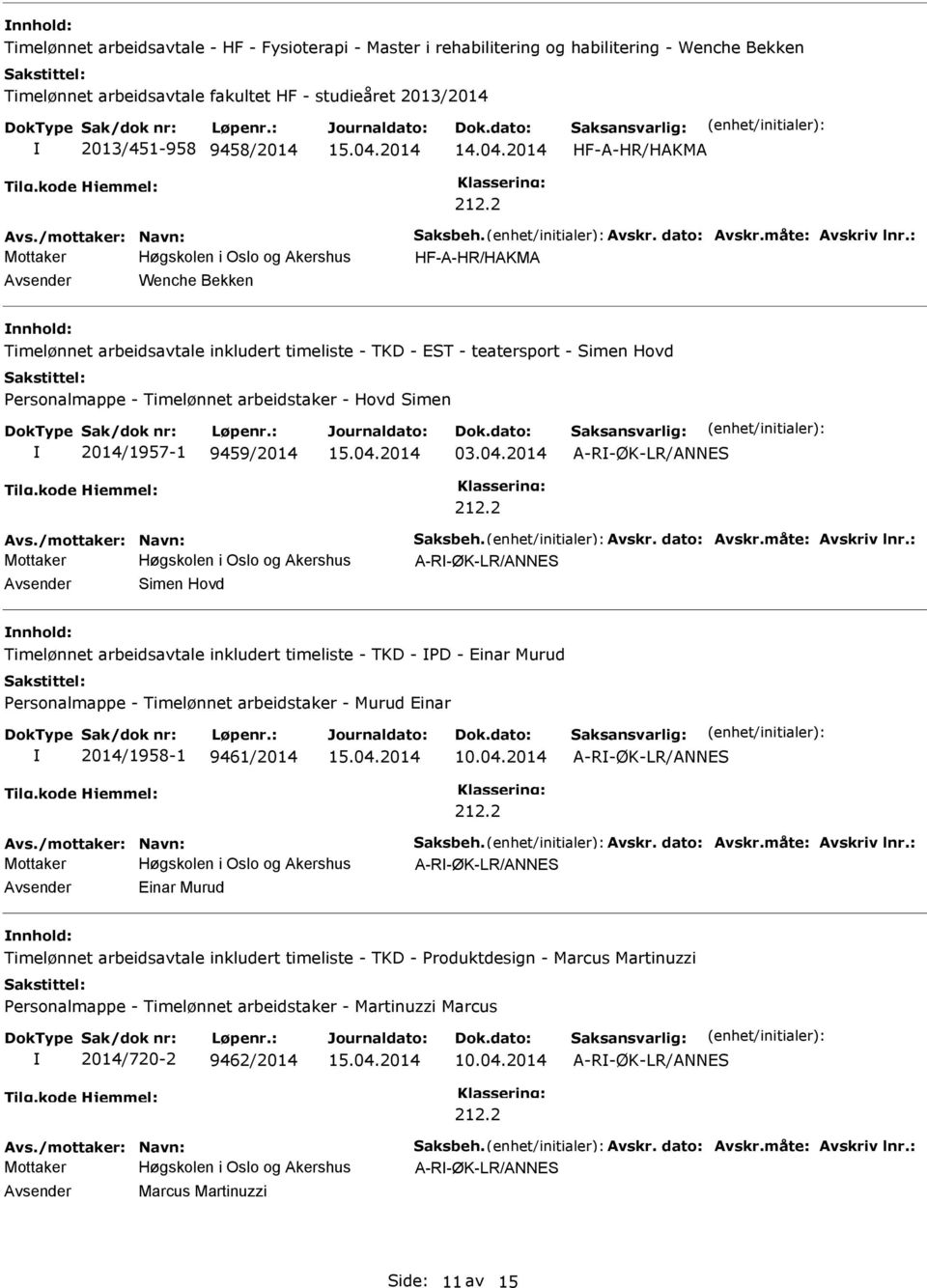 2014 A-R-ØK-LR/ANNES Mottaker Høgskolen i Oslo og Akershus A-R-ØK-LR/ANNES Avsender Simen Hovd nnhold: Timelønnet arbeidsavtale inkludert timeliste - TKD - PD - Einar Murud Personalmappe - Timelønnet