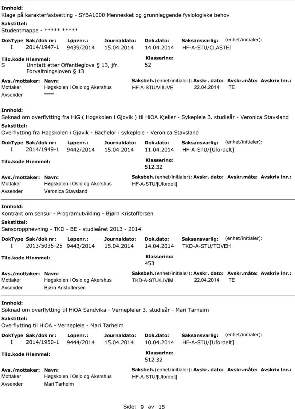 2014 TE Avsender ***** nnhold: Søknad om overflytting fra HiG ( Høgskolen i Gjøvik ) til HiOA Kjeller - Sykepleie 3.