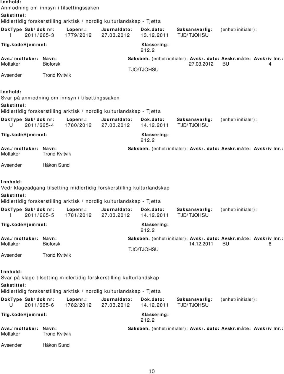 2012 BU 4 TJO/TJOHSU Trond Kvitvik Svar på anmodning om innsyn i tilsettingssaken Midlertidig forskerstilling arktisk / nordlig kulturlandskap - Tjøtta U 2011/665-4 1780/2012 27.03.2012 14.12.2011 TJO/TJOHSU 212.