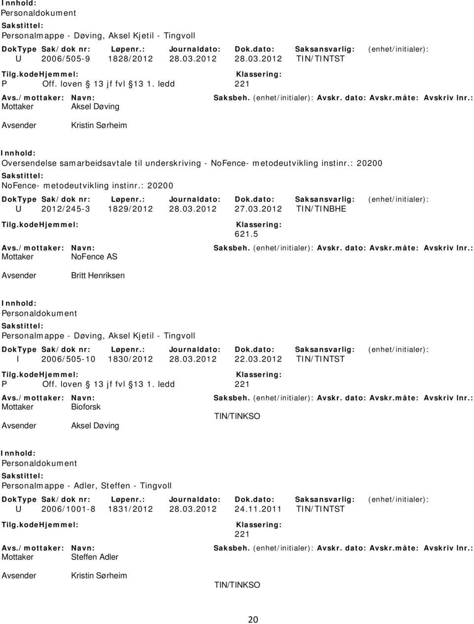 : 20200 U 2012/245-3 1829/2012 28.03.2012 27.03.2012 TIN/TINBHE 621.5 Mottaker NoFence AS Britt Henriksen Personalmappe - Døving, Aksel Kjetil - Tingvoll I 2006/505-10 1830/2012 28.