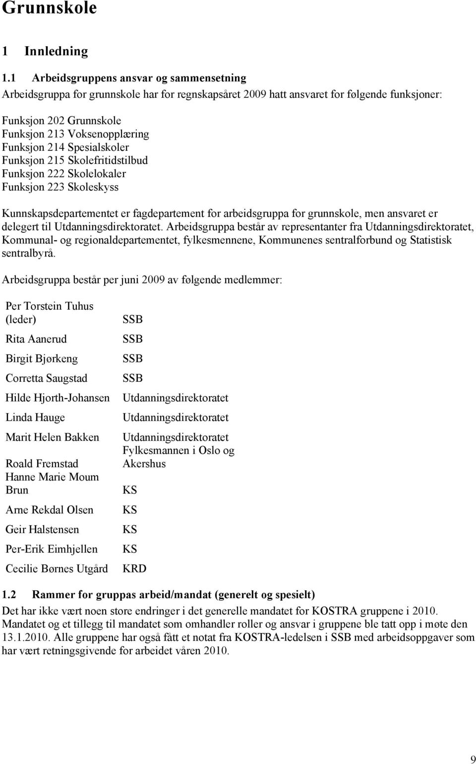 214 Spesialskoler Funksjon 215 Skolefritidstilbud Funksjon 222 Skolelokaler Funksjon 223 Skoleskyss Kunnskapsdepartementet er fagdepartement for arbeidsgruppa for grunnskole, men ansvaret er delegert