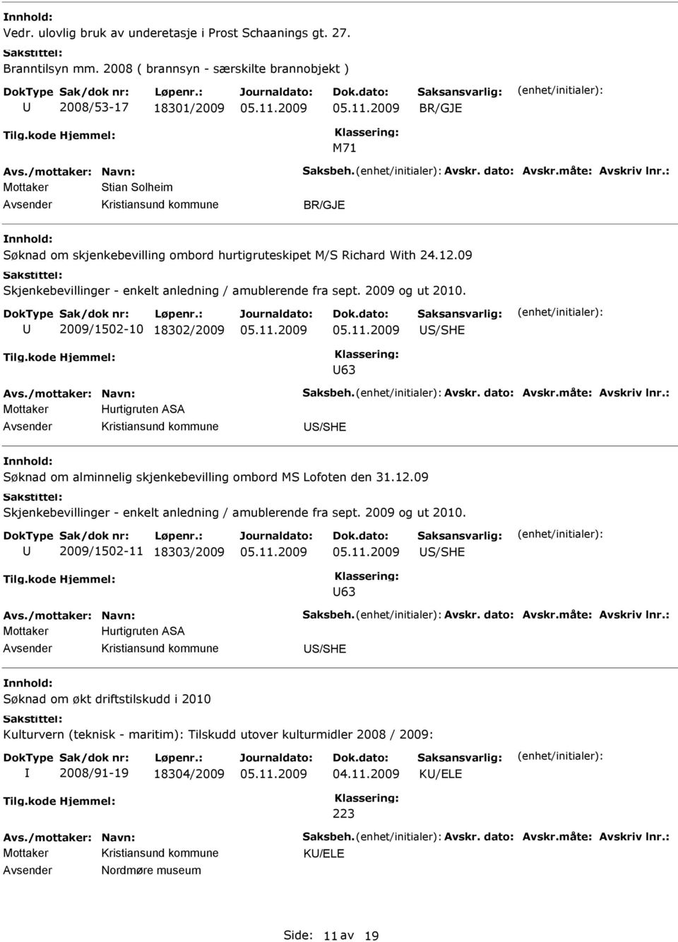 09 Skjenkebevillinger - enkelt anledning / amublerende fra sept. 2009 og ut 2010.