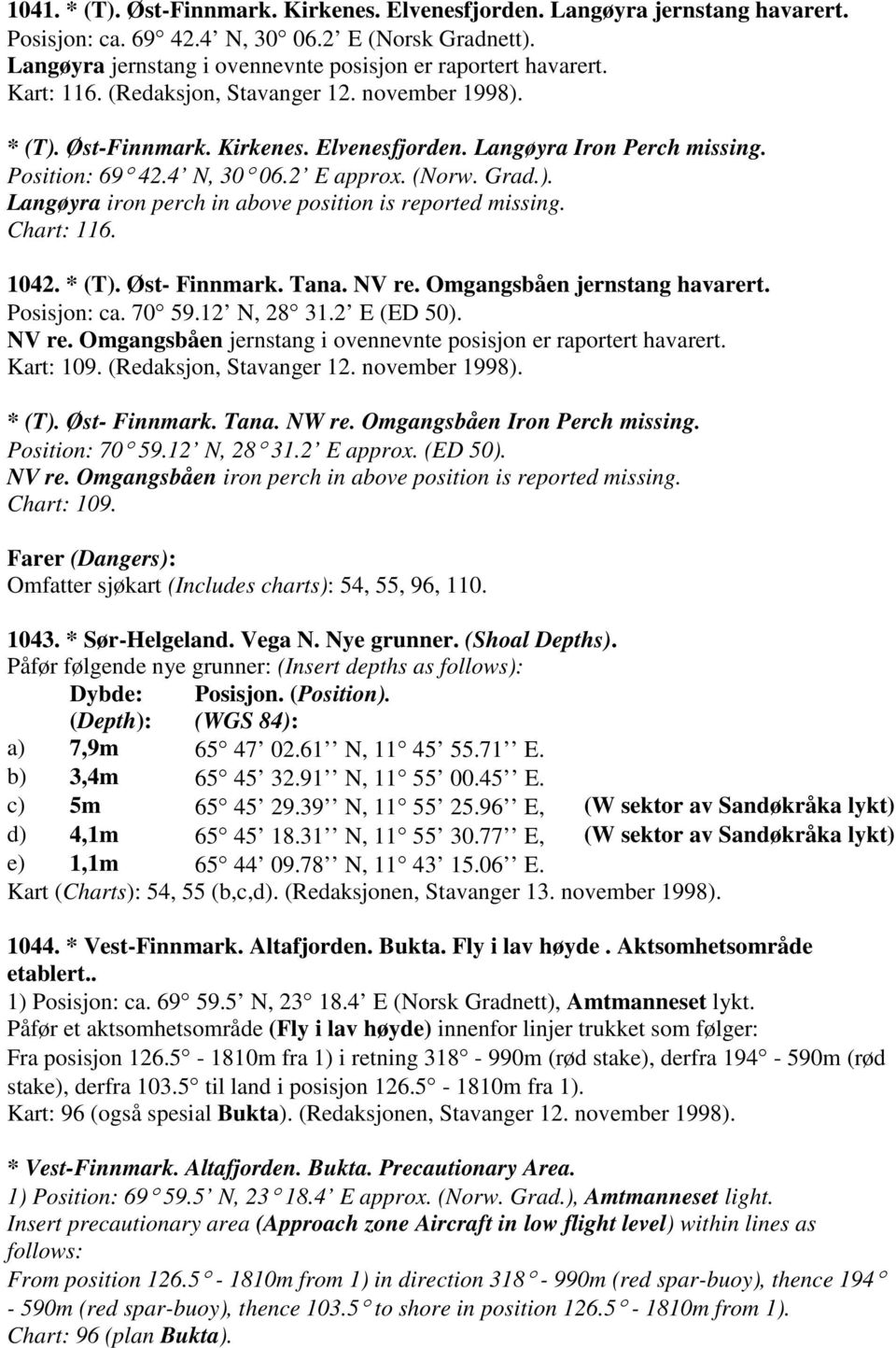 Chart: 116. 1042. * (T). Øst- Finnmark. Tana. NV re. Omgangsbåen jernstang havarert. Posisjon: ca. 70 59.12 N, 28 31.2 E (ED 50). NV re. Omgangsbåen jernstang i ovennevnte posisjon er raportert havarert.