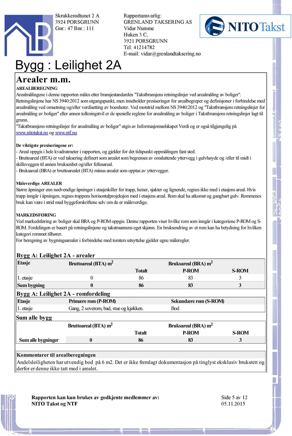 3940:2012 og "Takstbransjens retningslinjer for arealmåling av boliger" eller annen tolkningstvil er de spesielle reglene for arealmåling av boliger i Takstbransjens retningslinjer lagt til grunn