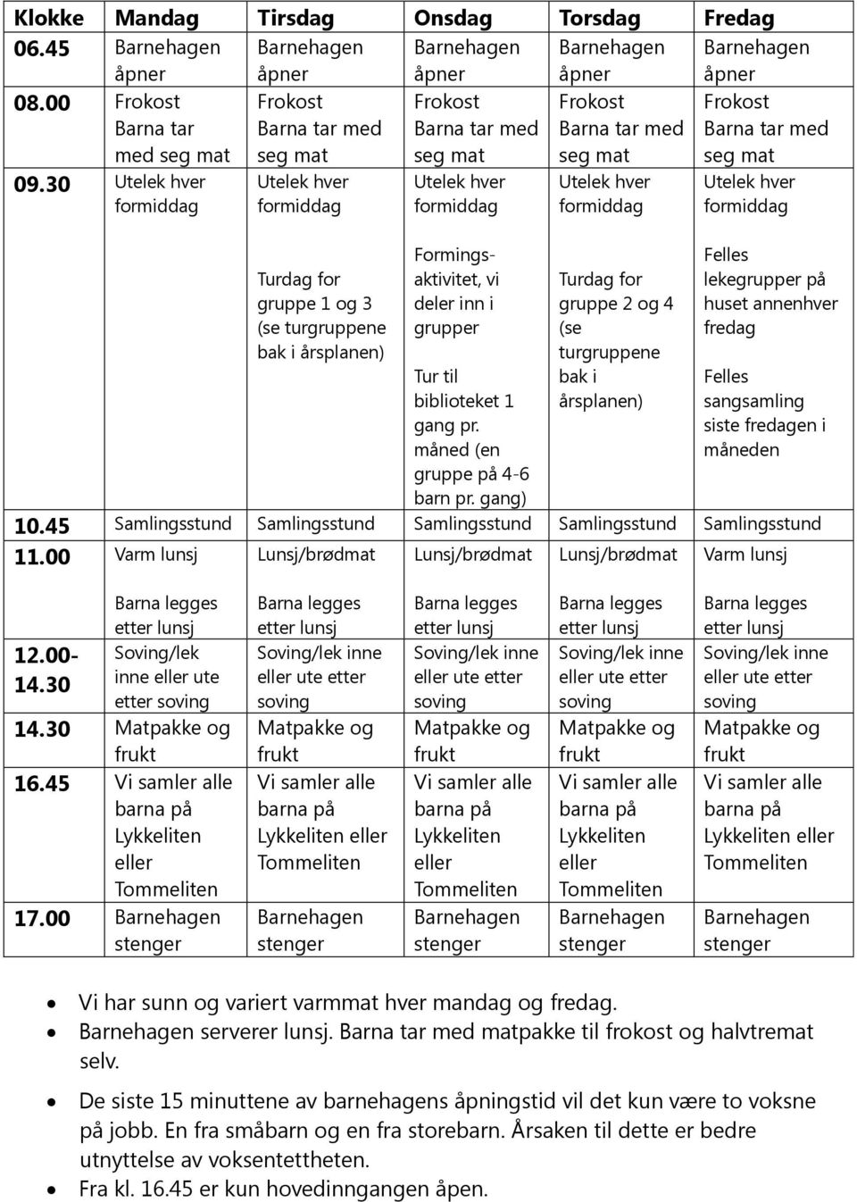 30 Utelek hver formiddag Utelek hver formiddag Turdag for gruppe 1 og 3 (se turgruppene bak i årsplanen) Utelek hver formiddag Formingsaktivitet, vi deler inn i grupper Utelek hver formiddag Turdag