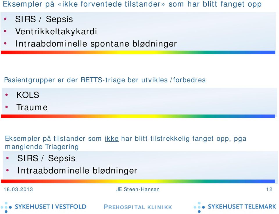 bør utvikles /forbedres KOLS Traume Eksempler på tilstander som ikke har blitt tilstrekkelig