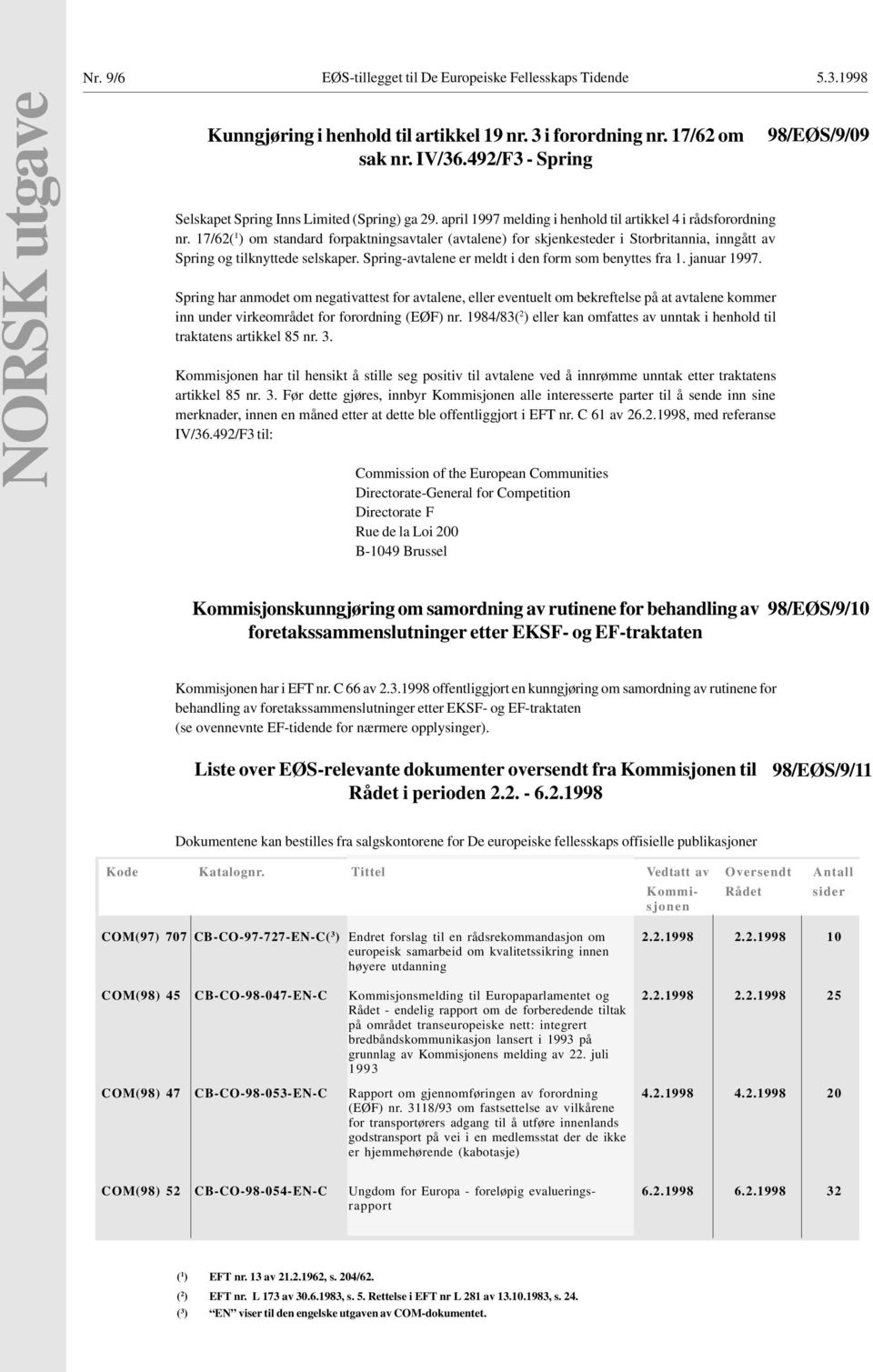 17/62( 1 ) om standard forpaktningsavtaler (avtalene) for skjenkesteder i Storbritannia, inngått av Spring og tilknyttede selskaper. Spring-avtalene er meldt i den form som benyttes fra 1.