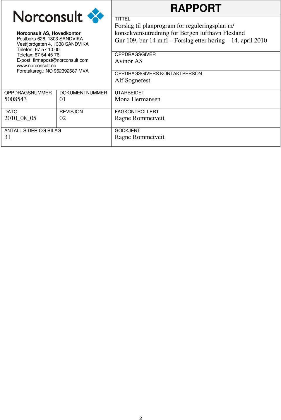 : NO 962392687 MVA RAPPORT TITTEL Forslag til planprogram for reguleringsplan m/ konsekvensutredning for Bergen lufthavn Flesland Gnr 109, bnr 14 m.