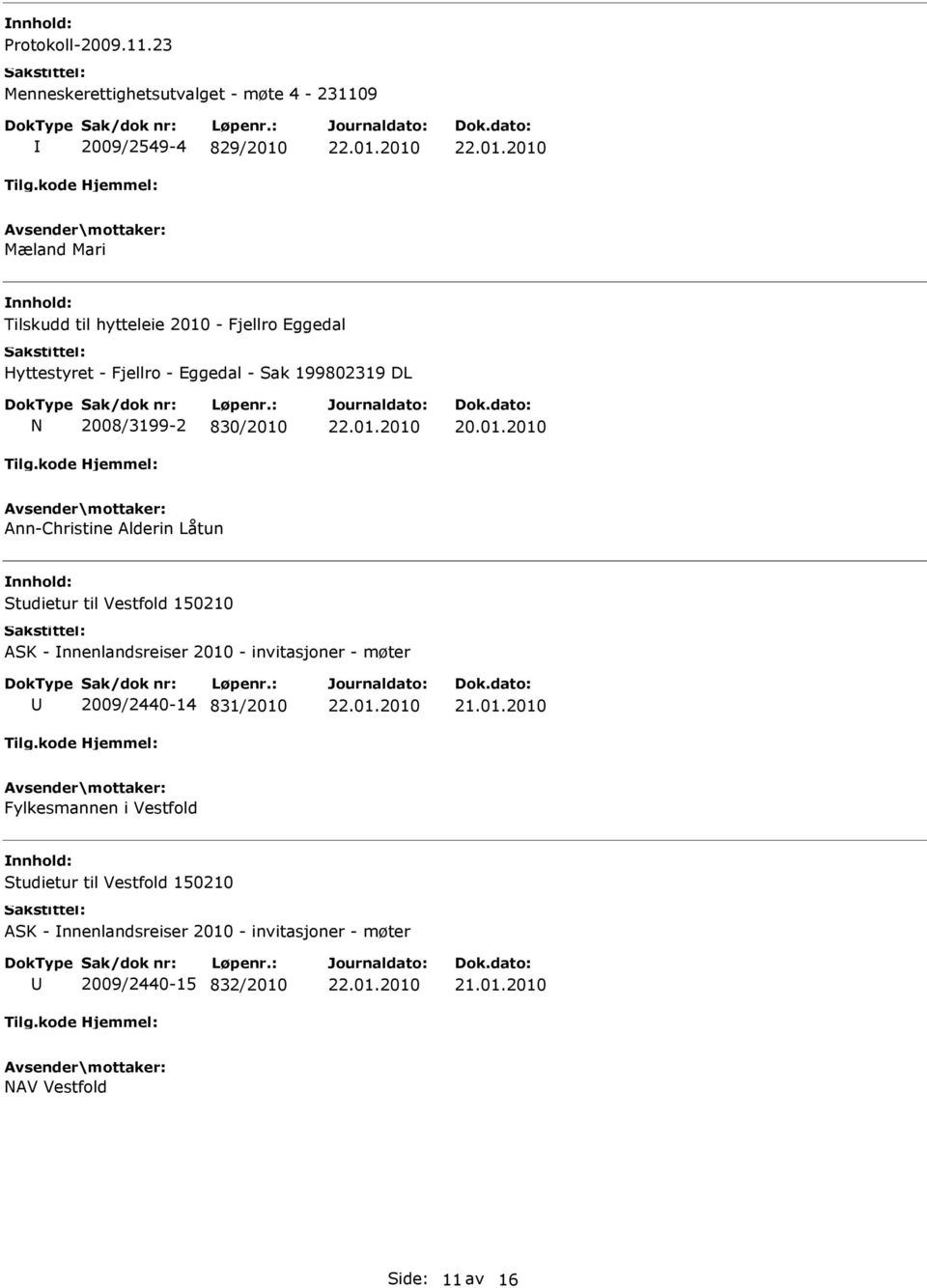 Hyttestyret - Fjellro - Eggedal - Sak 199802319 DL N 2008/3199-2 830/2010 Ann-Christine Alderin Låtun Studietur til Vestfold