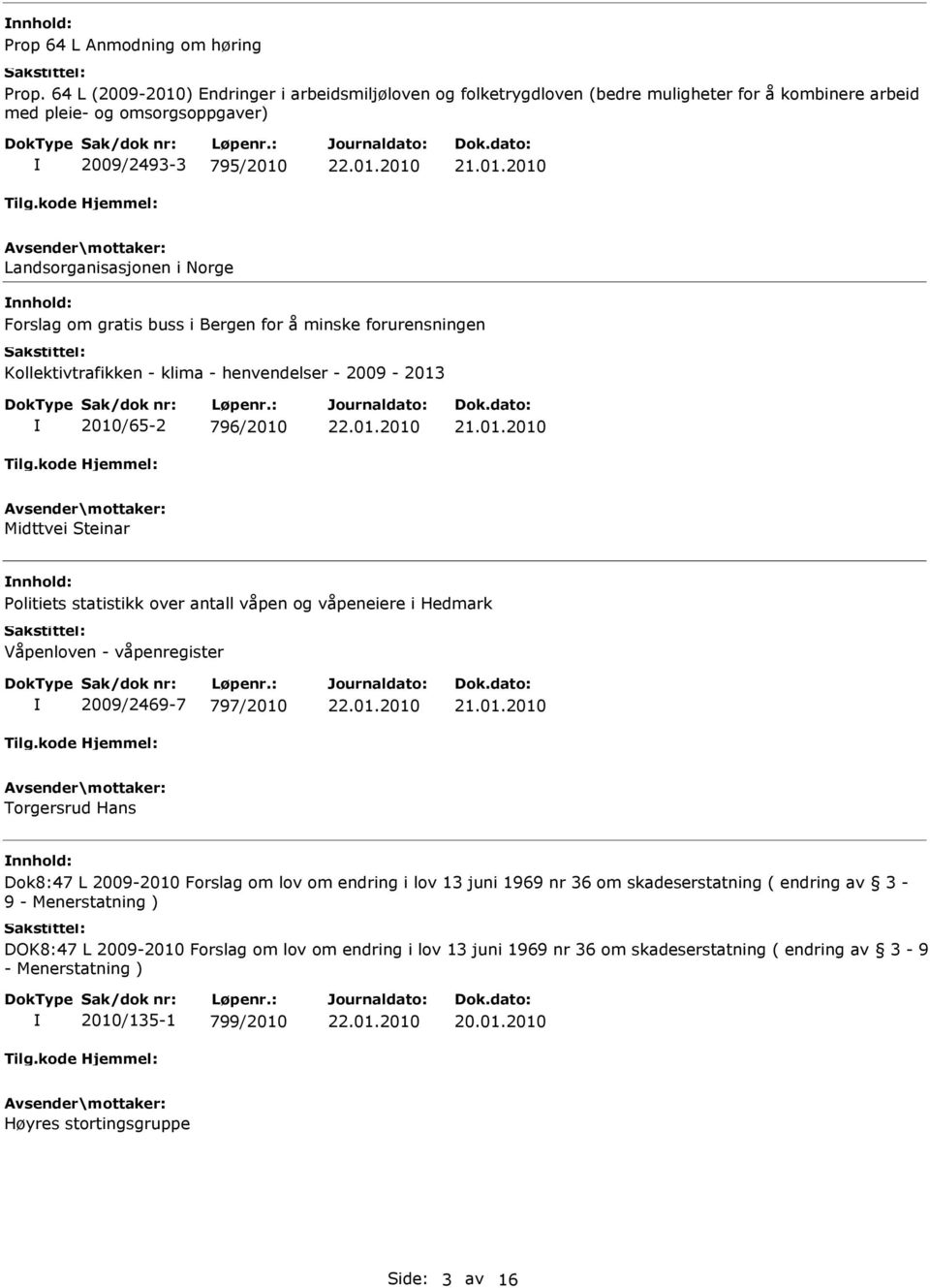 gratis buss i Bergen for å minske forurensningen Kollektivtrafikken - klima - henvendelser - 2009-2013 2010/65-2 796/2010 Midttvei Steinar Politiets statistikk over antall våpen og våpeneiere i