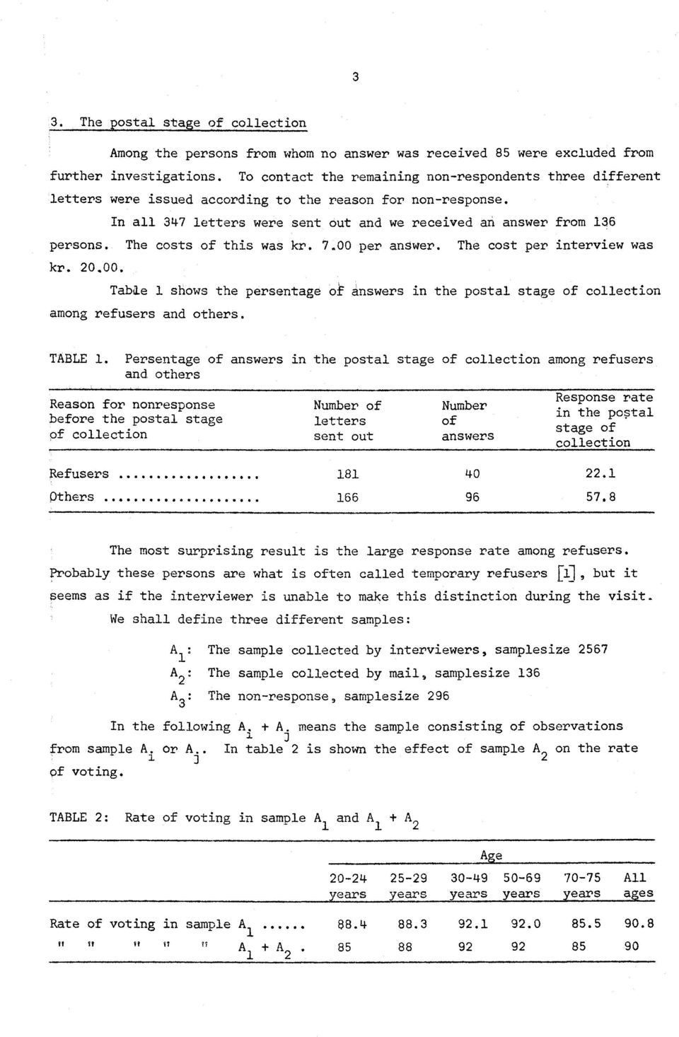 The costs of this was kr. 7.00 per an8wer. The cost per interview was kr. 20,00. Table 1 shows the persentage o answers in the postal stage of collection among refusers and others. TABLE 1.