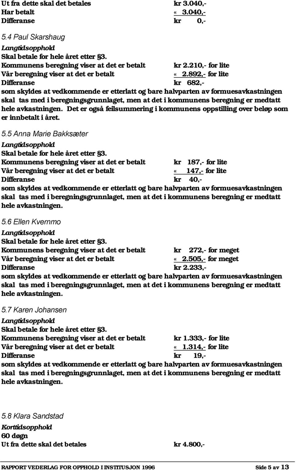 5 Anna Marie Bakksæter Kommunens beregning viser at det er betalt kr 187,- for lite Vår beregning viser at det er betalt «147,- for lite Differanse kr 40,- hele avkastningen. 5.