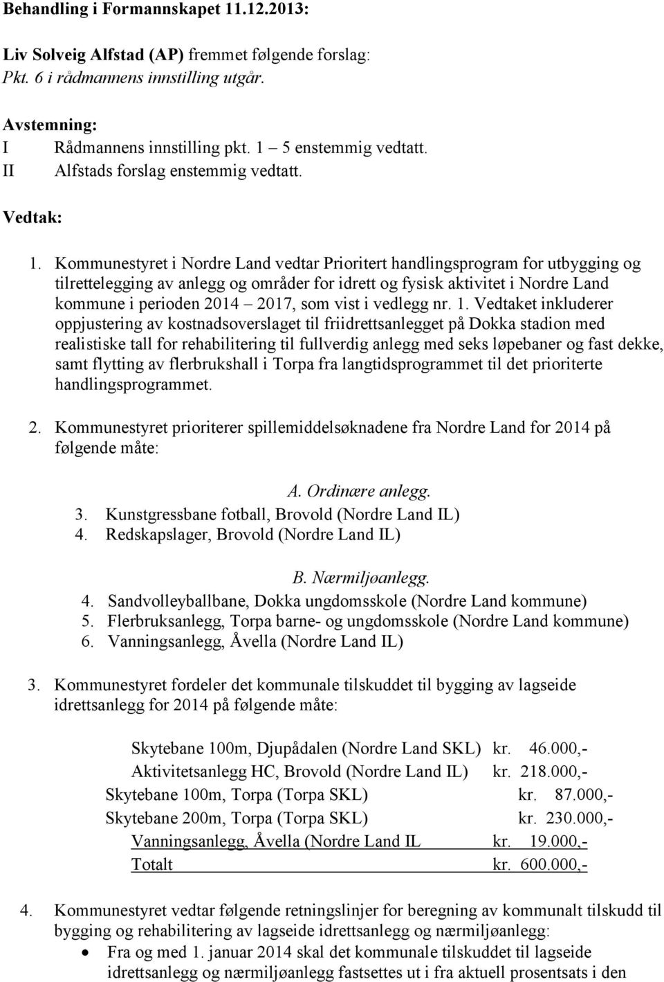 Kommunestyret i Nordre Land vedtar Prioritert handlingsprogram for utbygging og tilrettelegging av anlegg og områder for idrett og fysisk aktivitet i Nordre Land kommune i perioden 2014 2017, som