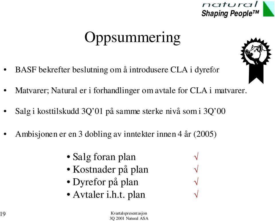 Salg i kosttilskudd 3Q 01 på samme sterke nivå som i 3Q 00 Ambisjonen er en 3 dobling