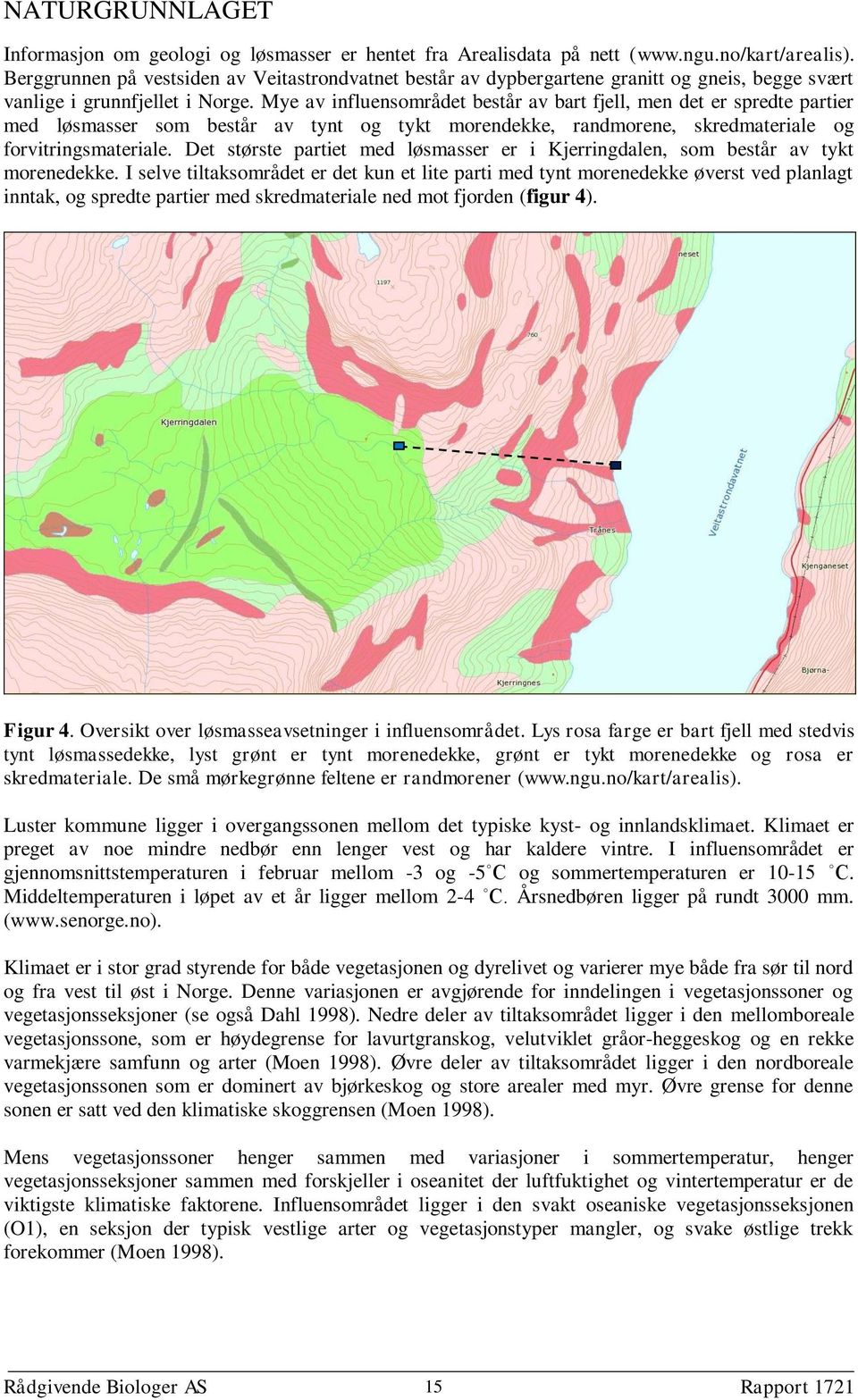 Mye av influensområdet består av bart fjell, men det er spredte partier med løsmasser som består av tynt og tykt morendekke, randmorene, skredmateriale og forvitringsmateriale.