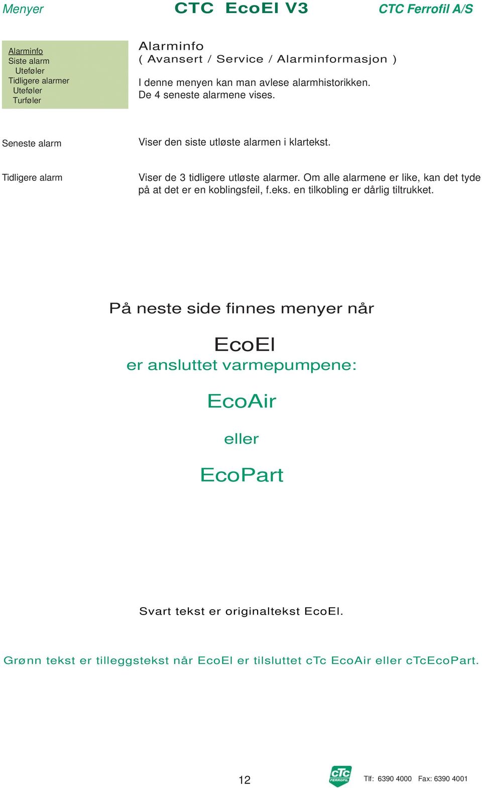 Tidligere alarm Viser de 3 tidligere utløste alarmer. Om alle alarmene er like, kan det tyde på at det er en koblingsfeil, f.eks.