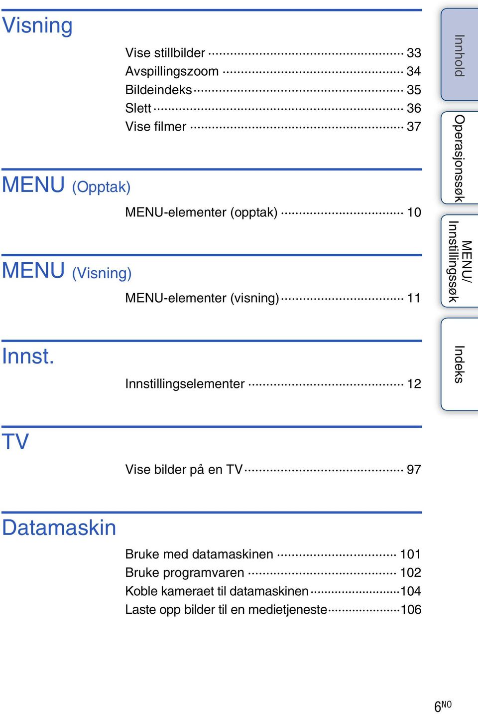 Innstillingselementer 12 TV Vise bilder på en TV 97 Datamaskin Bruke med datamaskinen 101