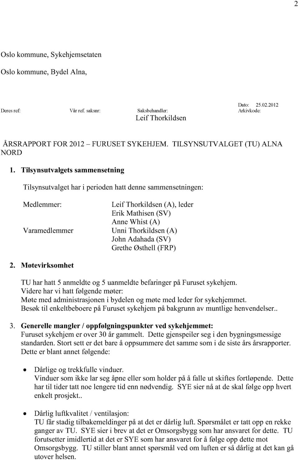 Tilsynsutvalgetssammensetning Tilsynsutvalgethari periodenhattdennesammensetningen: Medlemmer: Varamedlemmer Leif Thorkildsen(A), leder Erik Mathisen(SV) AnneWhist (A) Unni Thorkildsen(A)