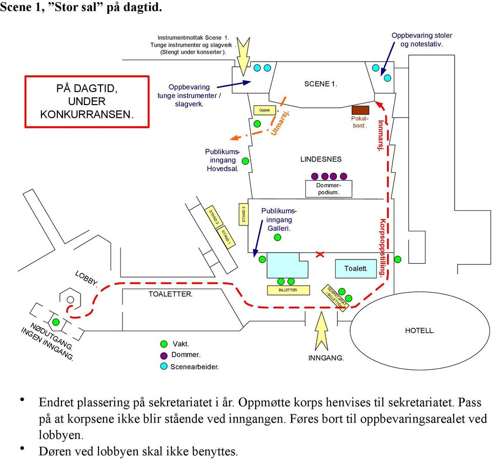 STAND 2 STAND 1 STAND 3 Galleri. X Toalett. Korpsoppstilling. LOBBY. TOALETTER. BILLETTER SEKRETARIAT / BILLETTER NØDUTGANG. INGEN INNGANG. HOTELL. Vakt. Dommer. Scenearbeider.