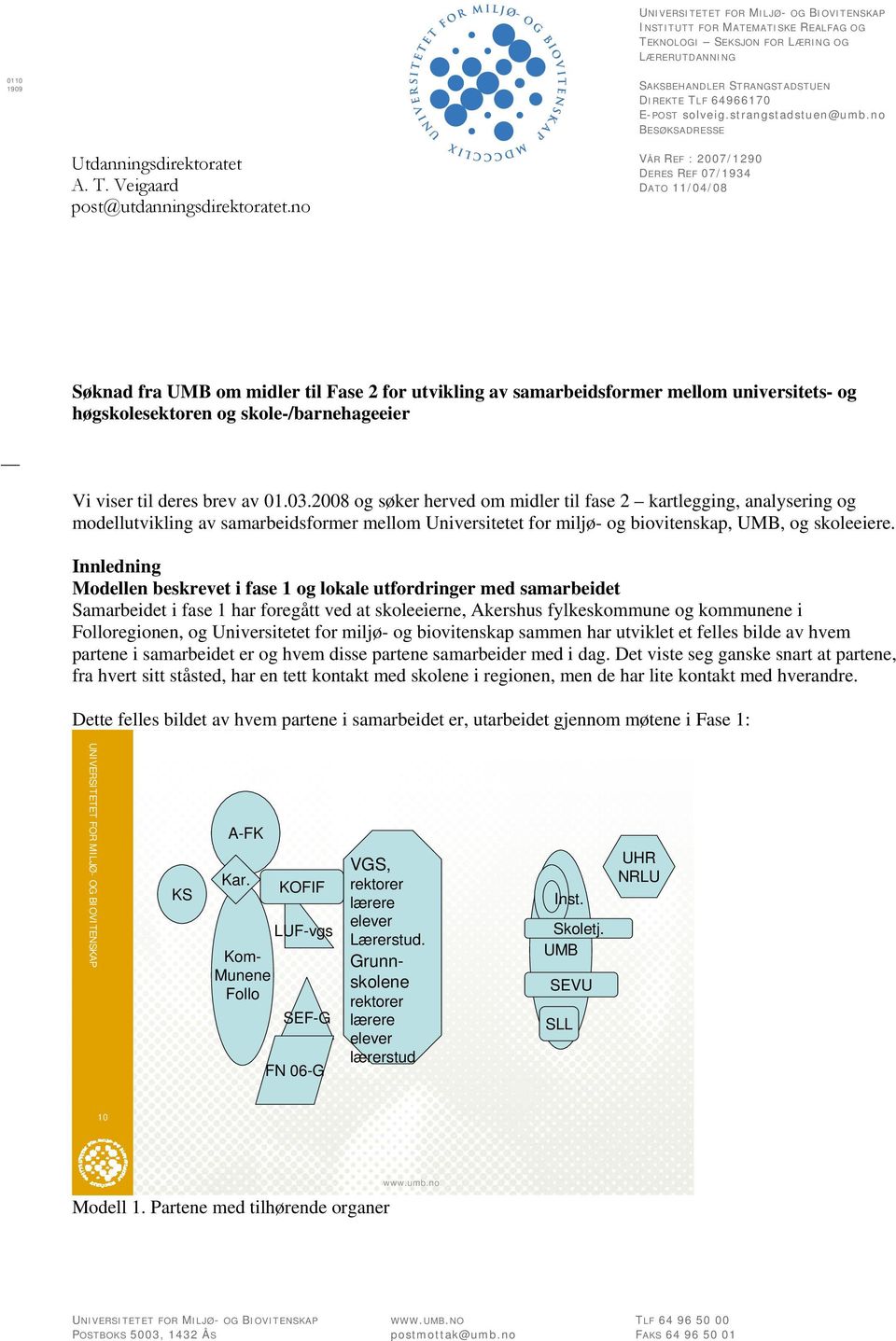 no VÅR REF : 2007/1290 DERES REF 07/1934 DATO 11/04/08 Søknad fra UMB om midler til Fase 2 for utvikling av samarbeidsformer mellom universitets- og høgskolesektoren og skole-/barnehageeier Vi viser