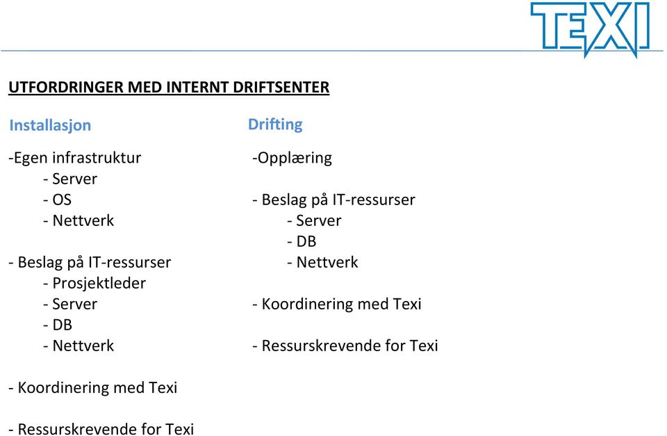 Drifting Opplæring Beslag på IT ressurser Server DB Nettverk Koordinering