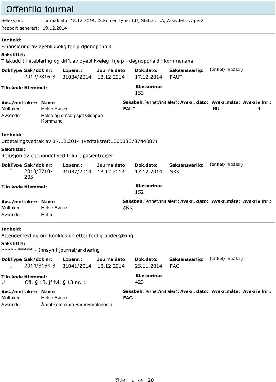 2816-8 31034/2014 17.12.2014 FAT 153 FAT B 9 Helse og omsorgsjef Gloppen Kommune tbetalingsvedtak av 17.12.2014 (vedtaksref:100003673744087) Refusjon av egenandel ved frikort pasientreiser Sak/dok nr: 2010/2710-205 Løpenr.