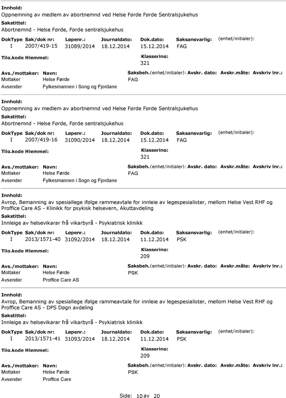 2014 321 Fylkesmannen i Sogn og Fjordane Avrop, Bemanning av spesiallege ifølge rammeavtale for innleie av legespesialister, mellom Helse Vest RHF og roffice Care AS - Klinikk for psykisk helsevern,