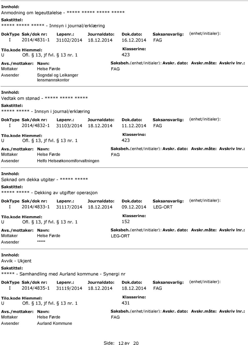 12.2014 Helfo Helseøkonomiforvaltningen Søknad om dekka utgiter - ***** ***** ***** ***** - Dekking av utgifter operasjon 2014/4833-1 31117/2014