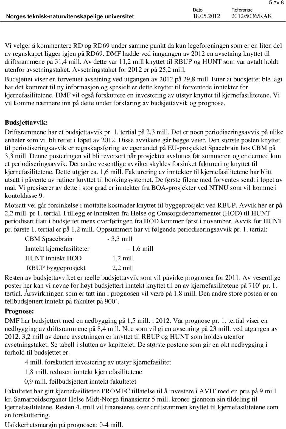 Avsetningstaket for 2012 er på 25,2 mill. Budsjettet viser en forventet avsetning ved utgangen av 2012 på 29,8 mill.