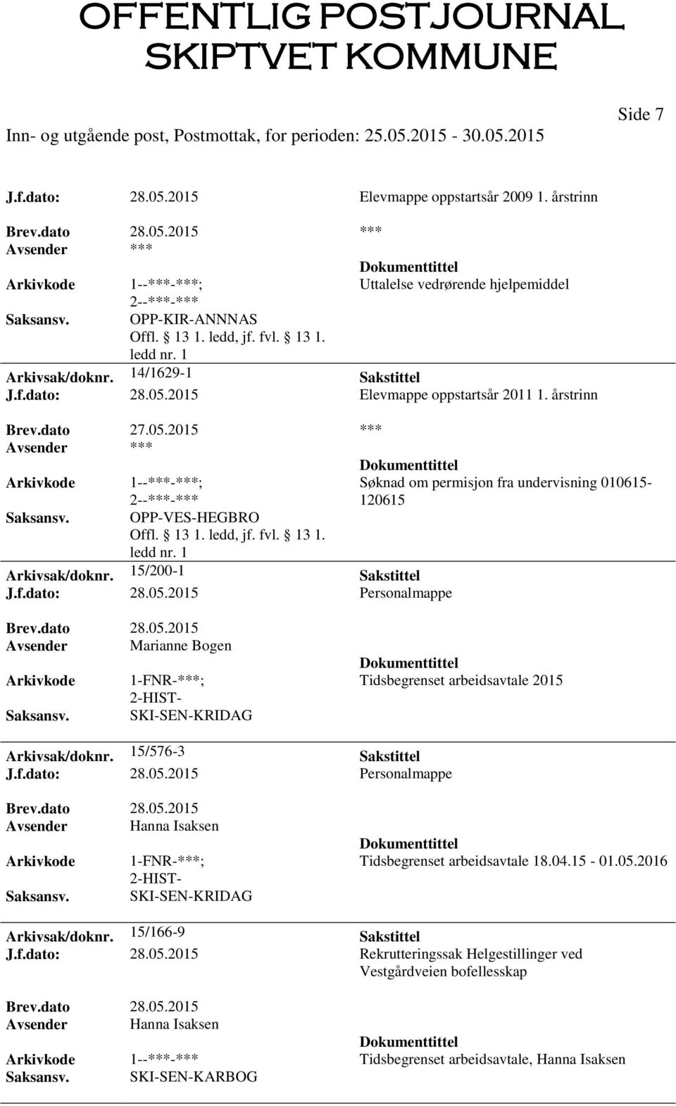 15/576-3 Sakstittel J.f.dato: 28.05.2015 Personalmappe Brev.dato 28.05.2015 Avsender Hanna Isaksen 1-FNR-***; 2-HIST- SKI-SEN-KRIDAG Tidsbegrenset arbeidsavtale 18.04.15-01.05.2016 Arkivsak/doknr.