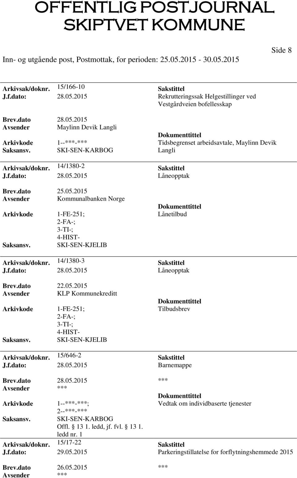 15/646-2 Sakstittel J.f.dato: 28.05.2015 Barnemappe Brev.dato 28.05.2015 *** Vedtak om individbaserte tjenester Arkivsak/doknr. 15/17-22 Sakstittel J.f.dato: 29.05.2015 Parkeringstillatelse for forflytningshemmede 2015 Brev.