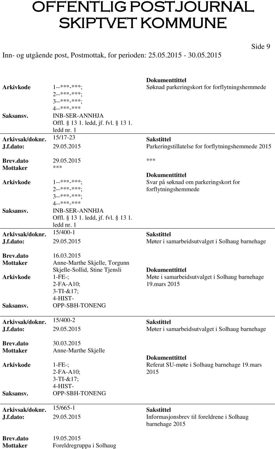 05.2015 Møter i samarbeidsutvalget i Solhaug barnehage Brev.dato 16.03.