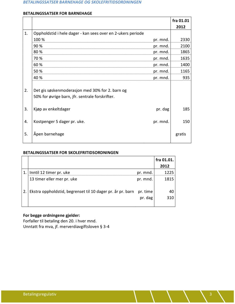 dag 185 4. Kostpenger 5 dager pr. uke. pr. mnd. 150 5. Åpen barnehage gratis BETALINGSSATSER FOR SKOLEFRITIDSORDNINGEN fra 01.01. 1. Inntil 12 timer pr. uke pr. mnd. 1225 13 timer eller mer pr.