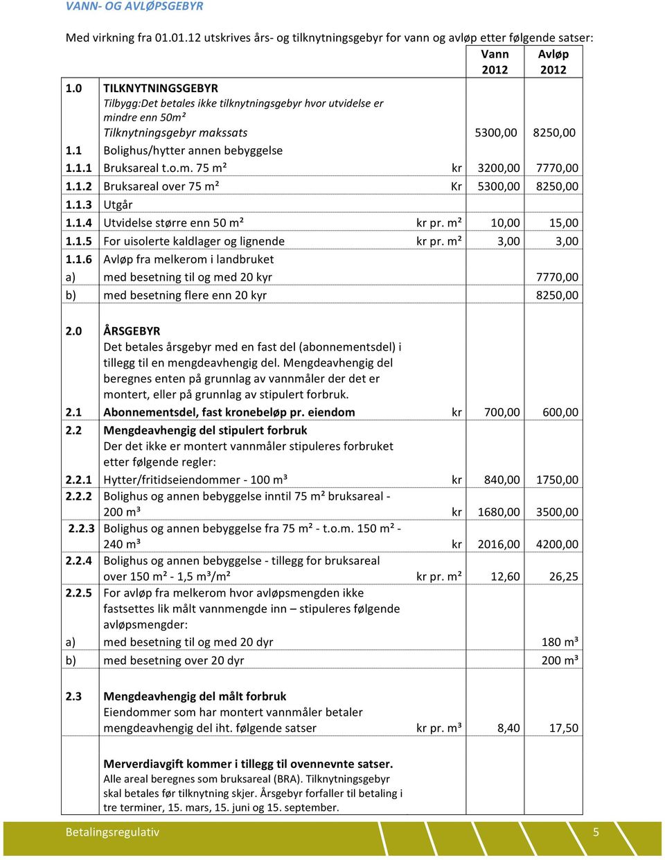 1.2 Bruksareal over 75 m² Kr 5300,00 8250,00 1.1.3 Utgår 1.1.4 Utvidelse større enn 50 m² kr pr. m² 10,00 15,00 1.1.5 For uisolerte kaldlager og lignende kr pr. m² 3,00 3,00 1.1.6 Avløp fra melkerom i landbruket a) med besetning til og med 20 kyr 7770,00 b) med besetning flere enn 20 kyr 8250,00 2.