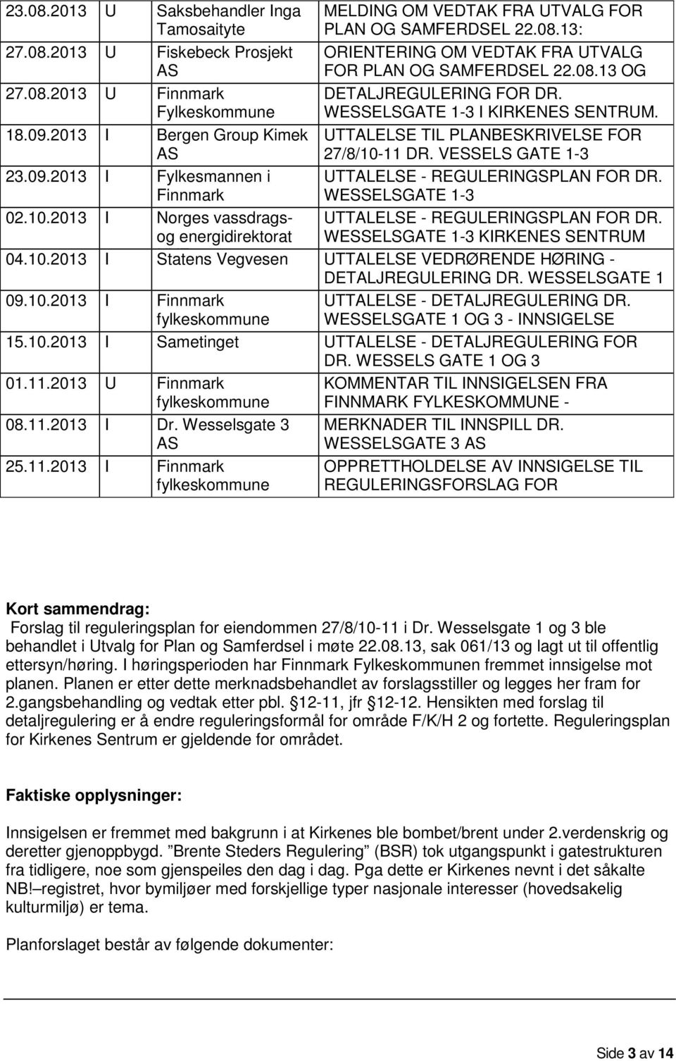 VEDTAK WESSELS FRA UTVALG GATE 1-3 I FOR PLAN OG SAMFERDSEL 22.08.13 OG VIDERE DETALJREGULERING SAKSGANG FOR DR. WESSELSGATE 1-3 I KIRKENES SENTRUM.