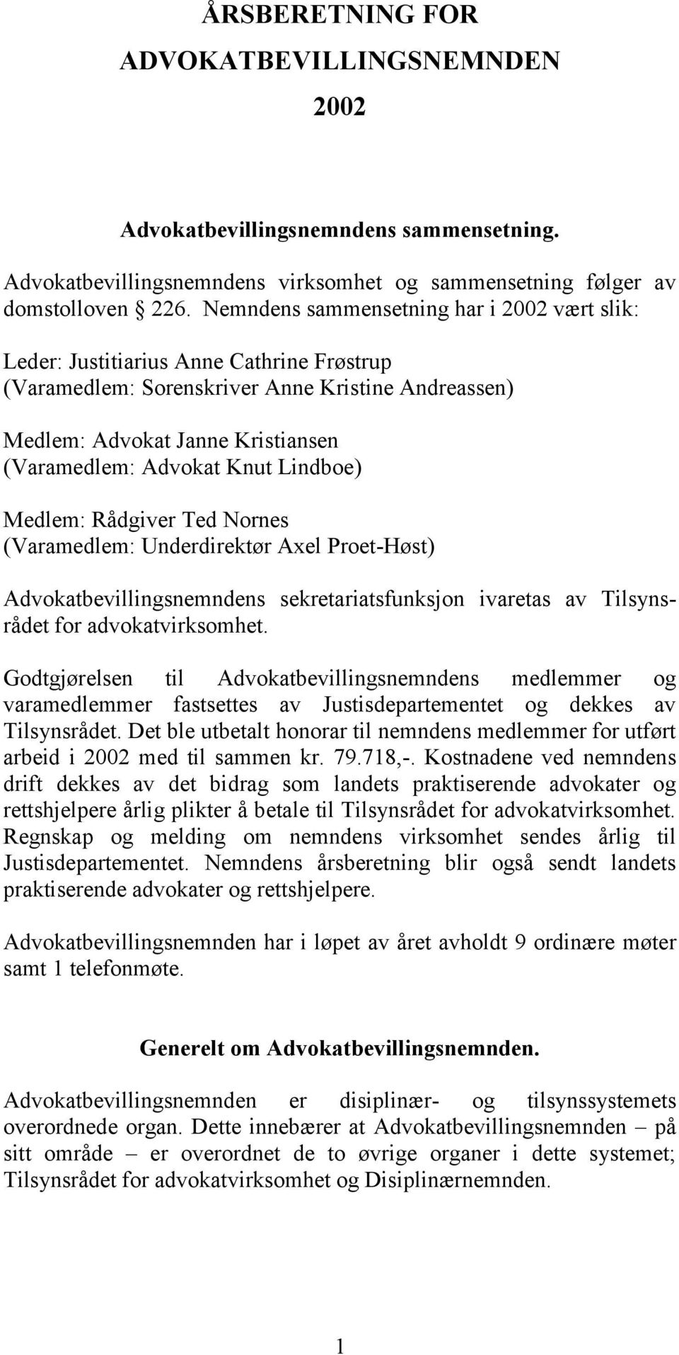 Lindboe) Medlem: Rådgiver Ted Nornes (Varamedlem: Underdirektør Axel Proet-Høst) Advokatbevillingsnemndens sekretariatsfunksjon ivaretas av Tilsynsrådet for advokatvirksomhet.