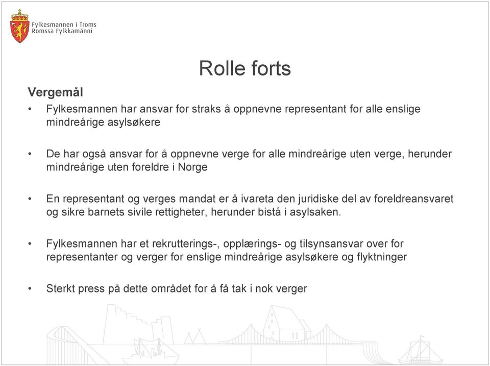 juridiske del av foreldreansvaret og sikre barnets sivile rettigheter, herunder bistå i asylsaken.