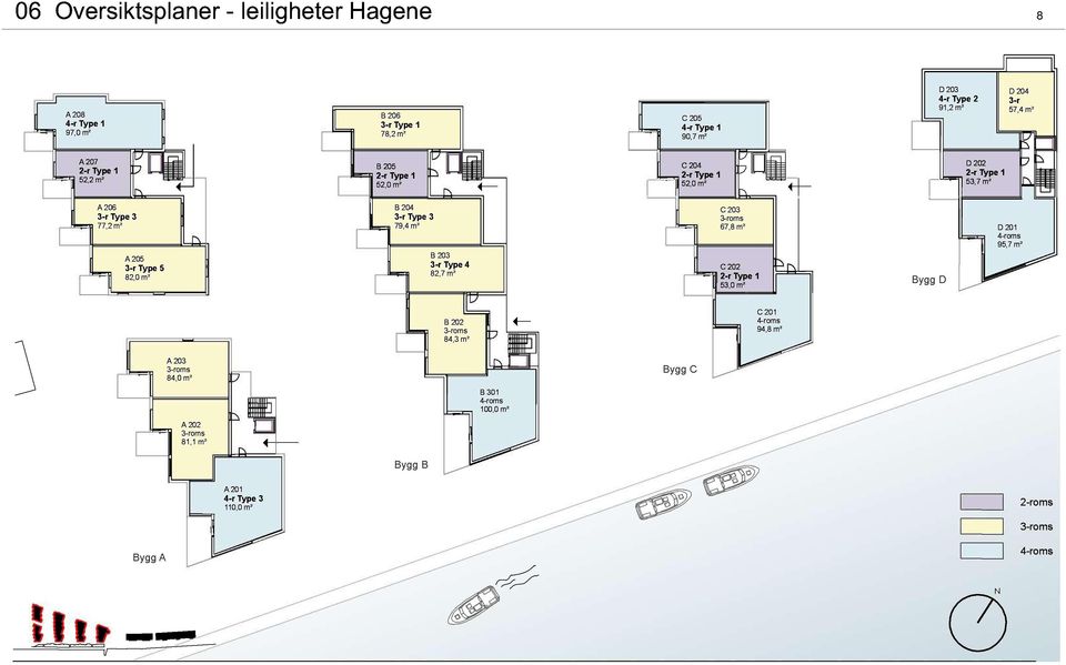 D 202 2-r Type 1 3,7 m ² D 204 3-r 7,4 m ² 600 136,0 m ² 206 3-r Type 3 77,2 m ² wc/dusj B 4 20 3-r Type 82,0 m ² 3 2 203 3-roms 84,0 m ² B 600 108,8 m ² 87,3 m 2 B 600 106,0 m ² B 204 3-r Type 3