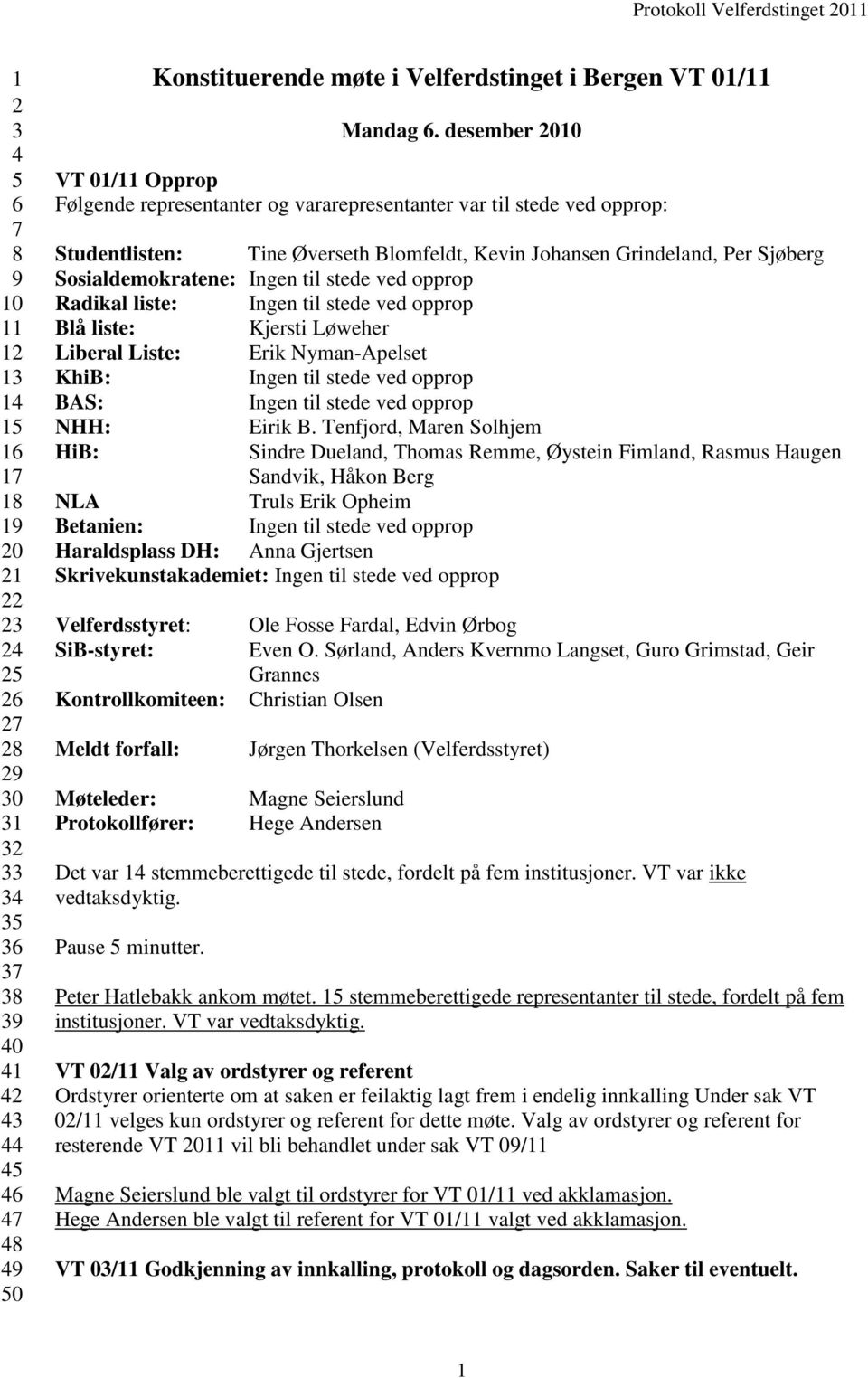 desember 2010 VT 01/11 Opprop Følgende representanter og vararepresentanter var til stede ved opprop: Studentlisten: Tine Øverseth Blomfeldt, Kevin Johansen Grindeland, Per Sjøberg Sosialdemokratene: